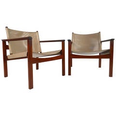 Pair Unique Mid-Century Modern Teak Sling Lounge Chairs