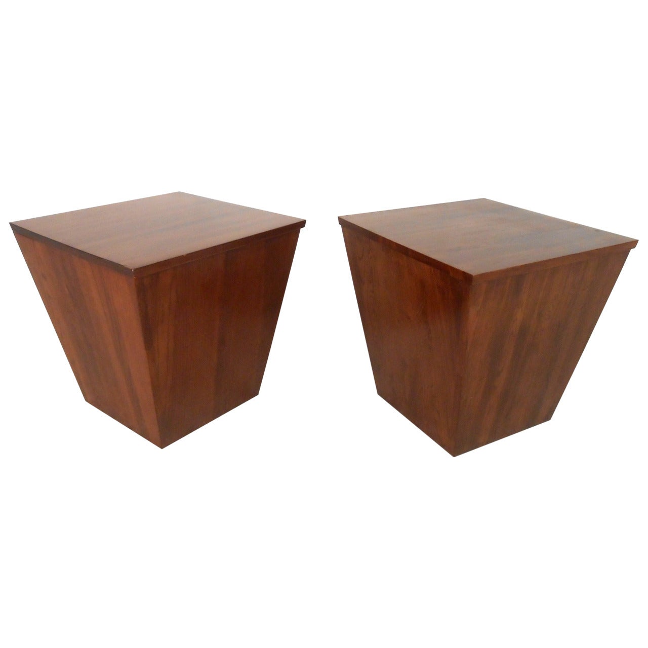Pair Unique Mid-Century Walnut Storage Cube End Tables