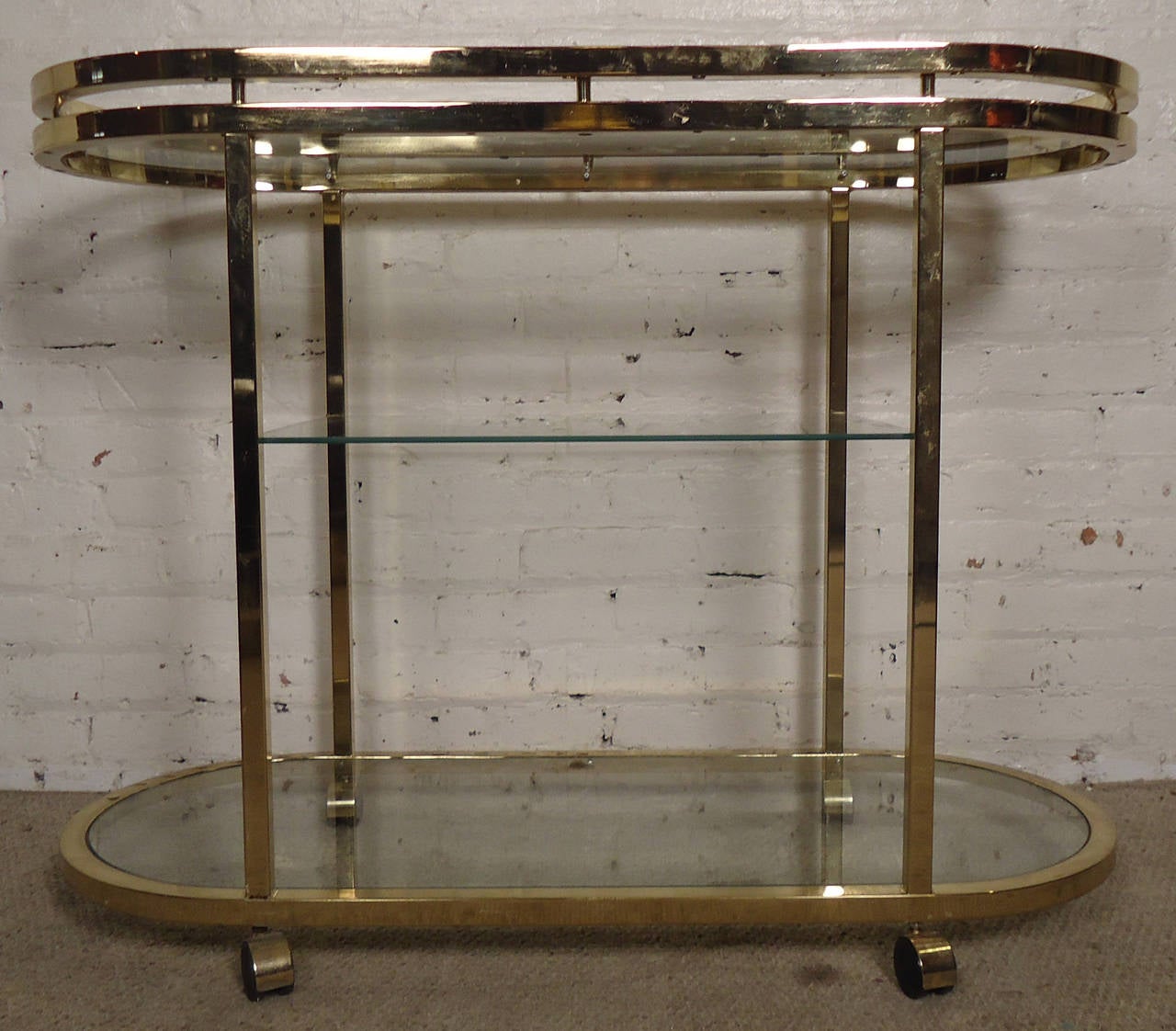 Mid-Century Modern Milo Baughman Three-Tier Brass and Glass Bar Cart 2