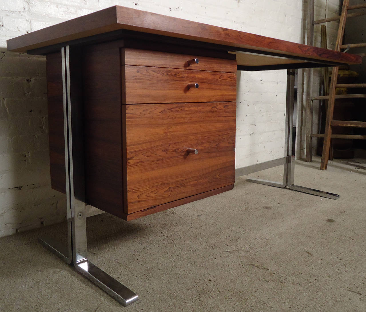 American Mid-Century Rosewood Desk with Chrome Trim