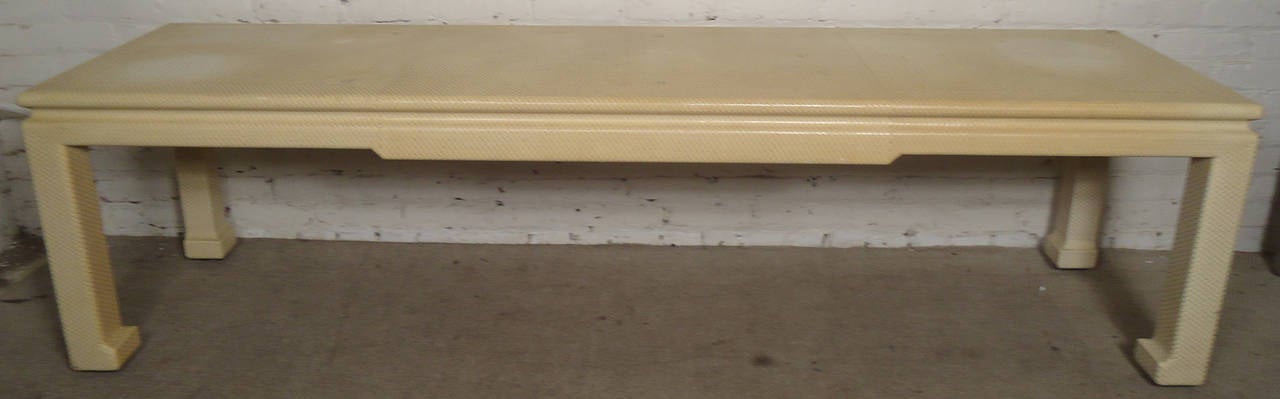 Vintage-Modern ivory console table by Karl Springer.
Long sculpted sturdy form, perfect for living room use.

(Please confirm item location - NY or NJ - with dealer)