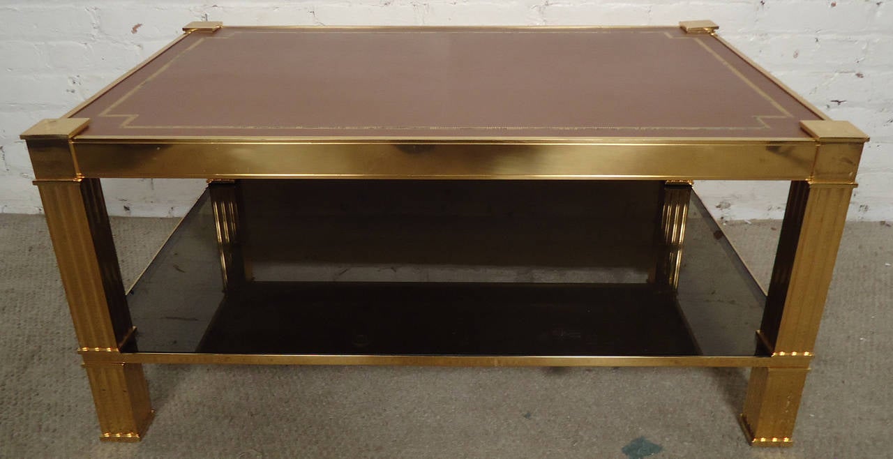 Mid-Century Modern Gorgeous Mastercraft Style Brass and Glass Coffee Table with Leather Top