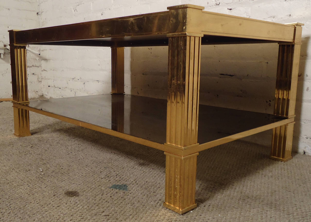 Gorgeous Mastercraft Style Brass and Glass Coffee Table with Leather Top In Good Condition In Brooklyn, NY