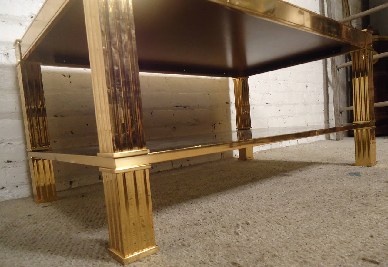 Mid-20th Century Gorgeous Mastercraft Style Brass and Glass Coffee Table with Leather Top