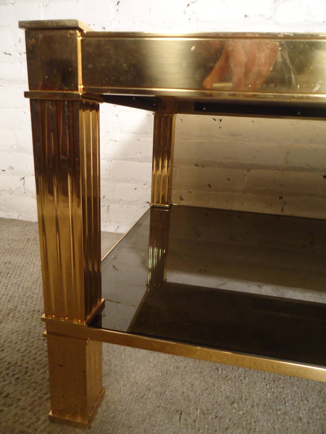 Gorgeous Mastercraft Style Brass and Glass Coffee Table with Leather Top 1