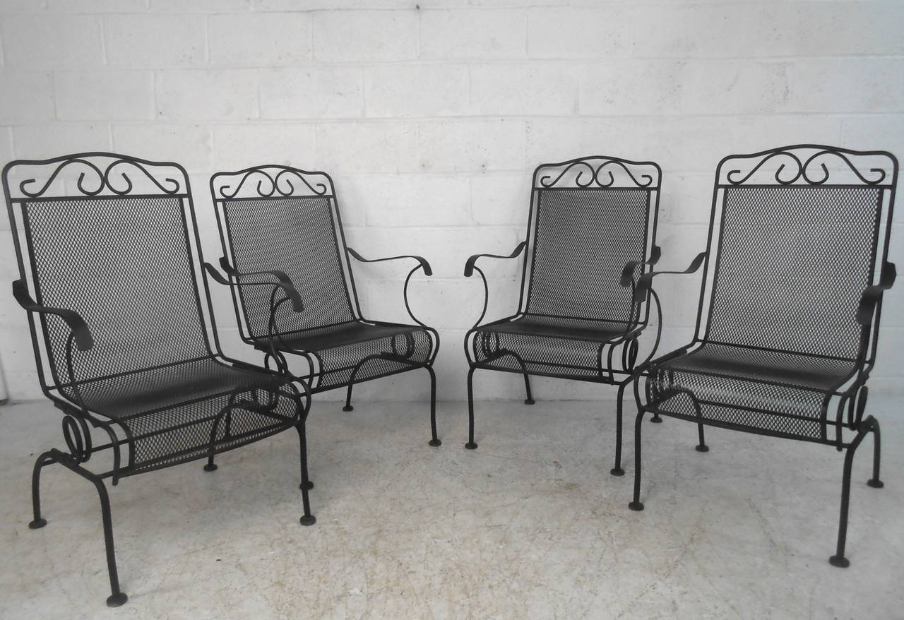Lovely set of vintage modern style armchairs make a wonderful addition to any patio or interior space. Comfortable and stylish, please confirm item location (NY or  NJ). Unique matching throne chair also available.