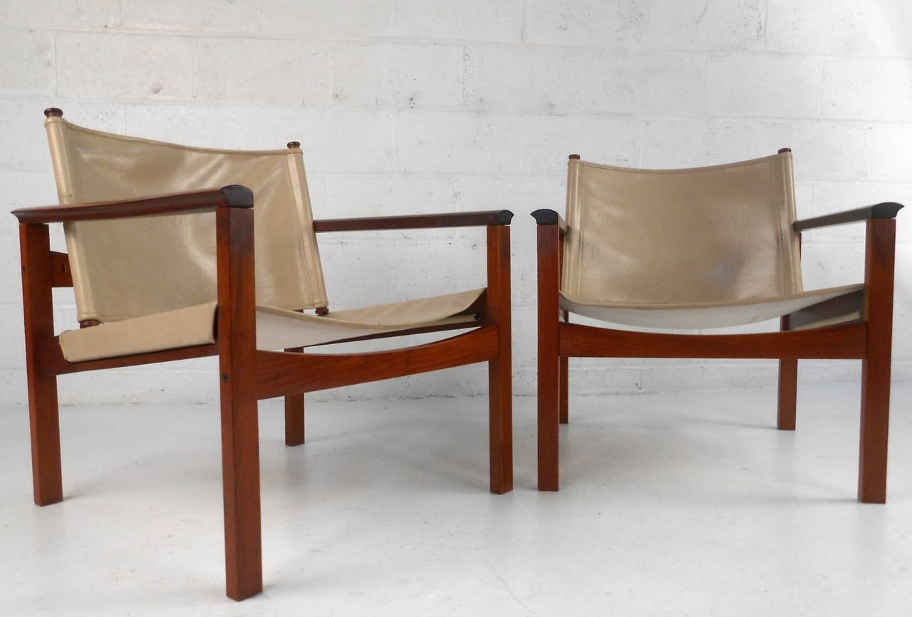 Pair Unique Mid-Century Modern Teak Sling Lounge Chairs