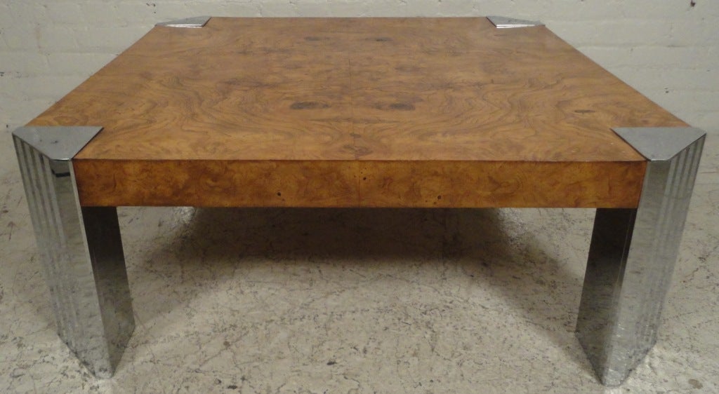 Chrome & burl wood coffee table for Thayer Coggin. Beautiful wood grain with accenting chrome sides.
