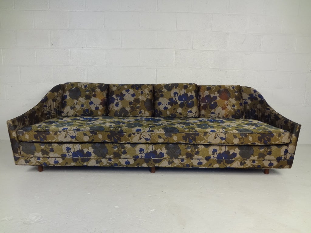 Long sleek sofa by Harvey Probber with Jack Lenor Larsen fabric. Please confirm item location (NY or NJ) with dealer.
