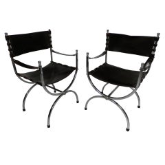 Pair Of Sling Seat Leather Arm Chairs