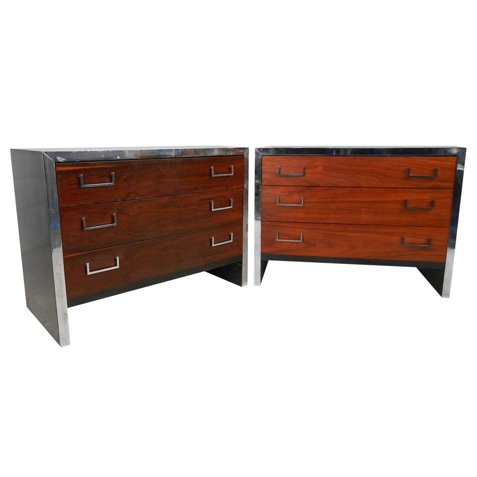 Pair of Vintage Modern Rosewood and Chrome Three-Drawer Dressers