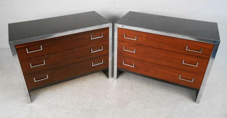 Mid-Century Modern Pair of Vintage Modern Rosewood and Chrome Three-Drawer Dressers