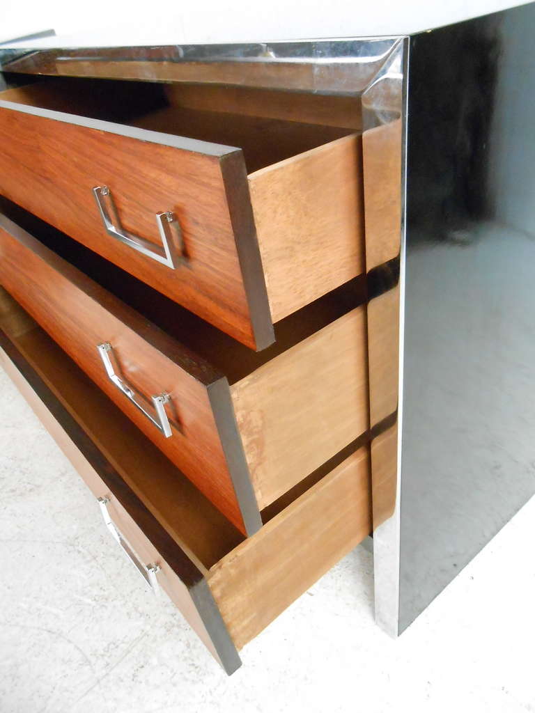 Pair of Vintage Modern Rosewood and Chrome Three-Drawer Dressers 2