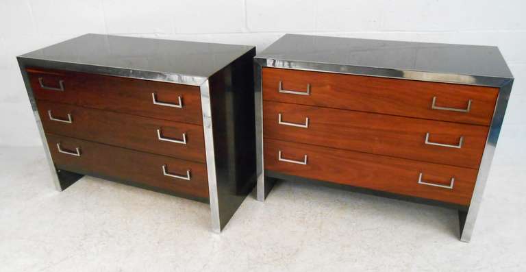Unknown Pair of Vintage Modern Rosewood and Chrome Three-Drawer Dressers