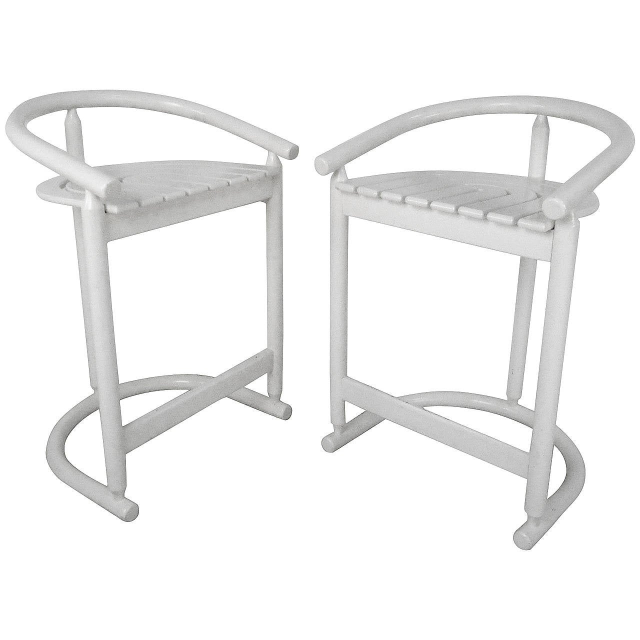 Pair Unique Slat Seat MidCentury Modern Style Counter Stools For Sale
