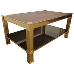 Gorgeous Mastercraft Style Brass and Glass Coffee Table with Leather Top