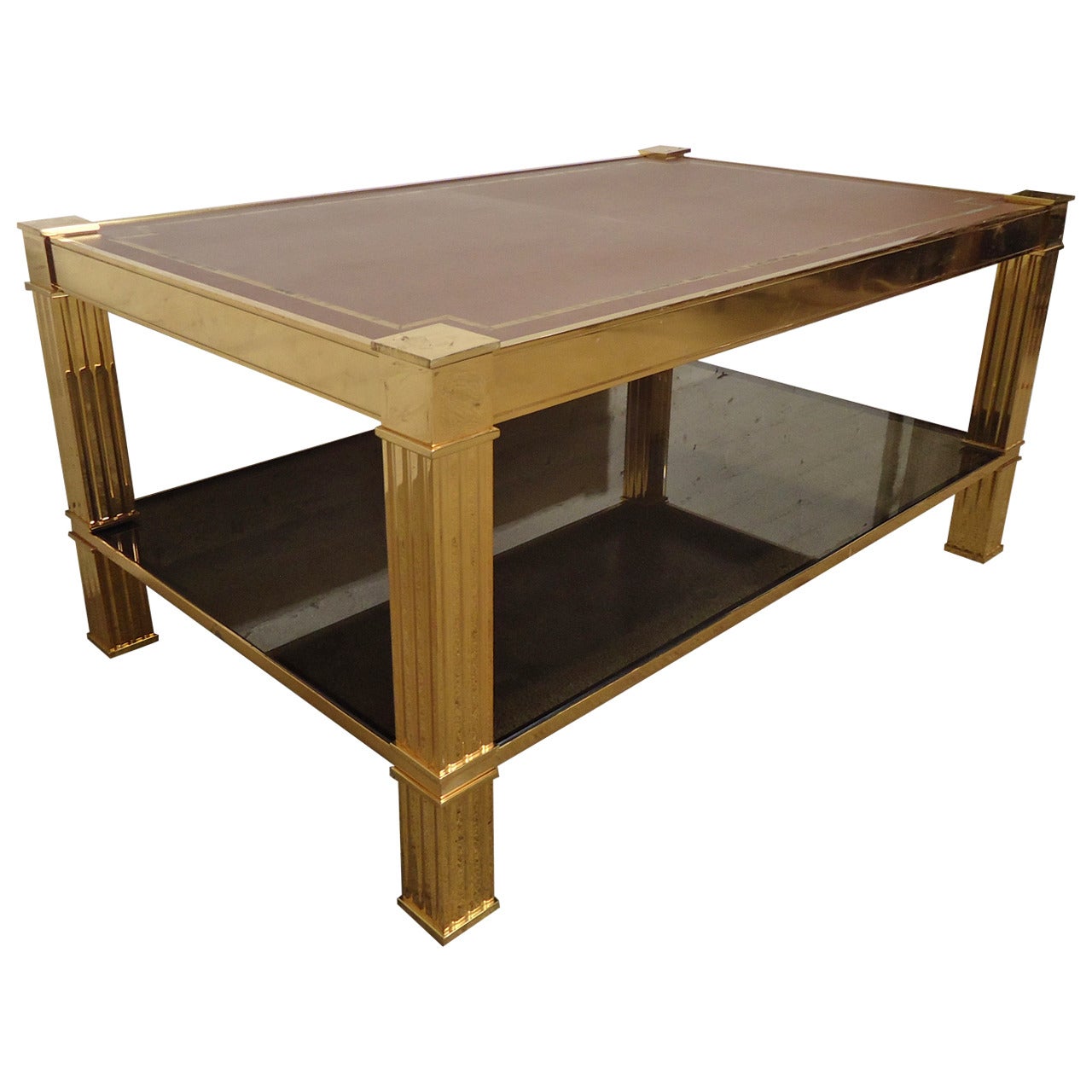 Gorgeous Mastercraft Style Brass and Glass Coffee Table with Leather Top