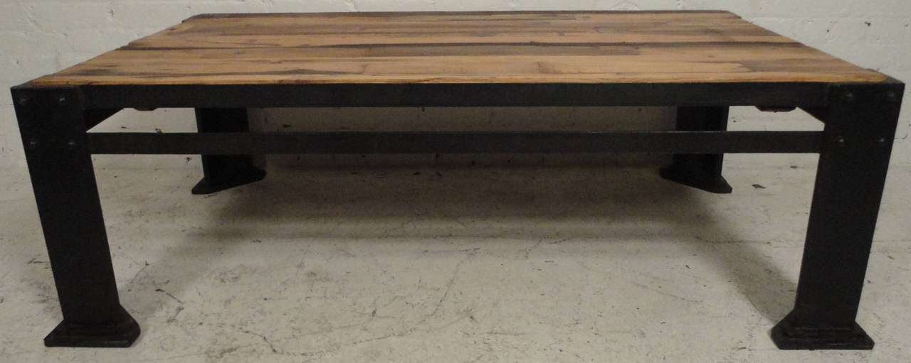Solid Machine Age Style Wood Top Iron Base Table