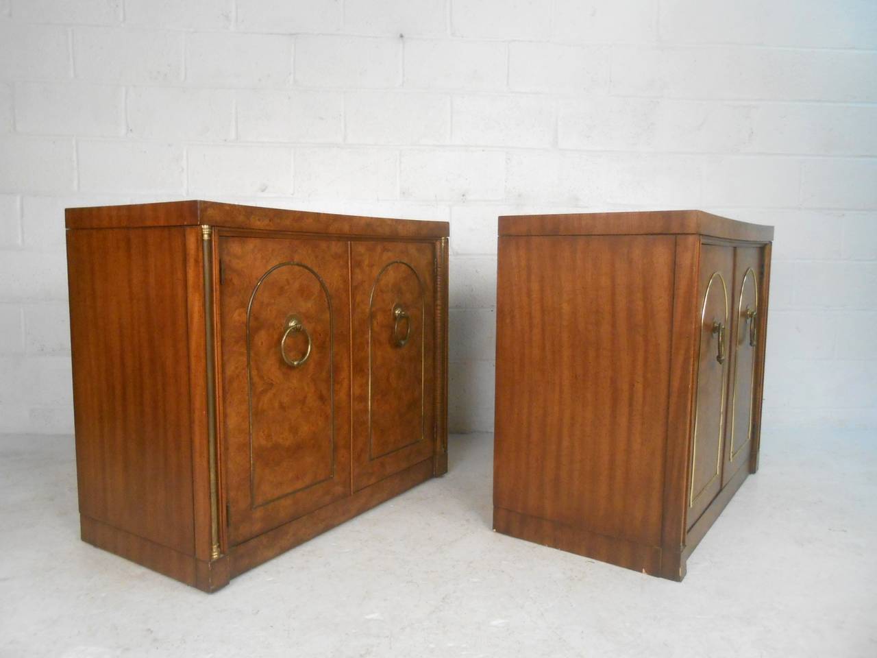 20th Century Pair of Mid-Century Modern Style Burlwood and Brass Dressers by Weiman