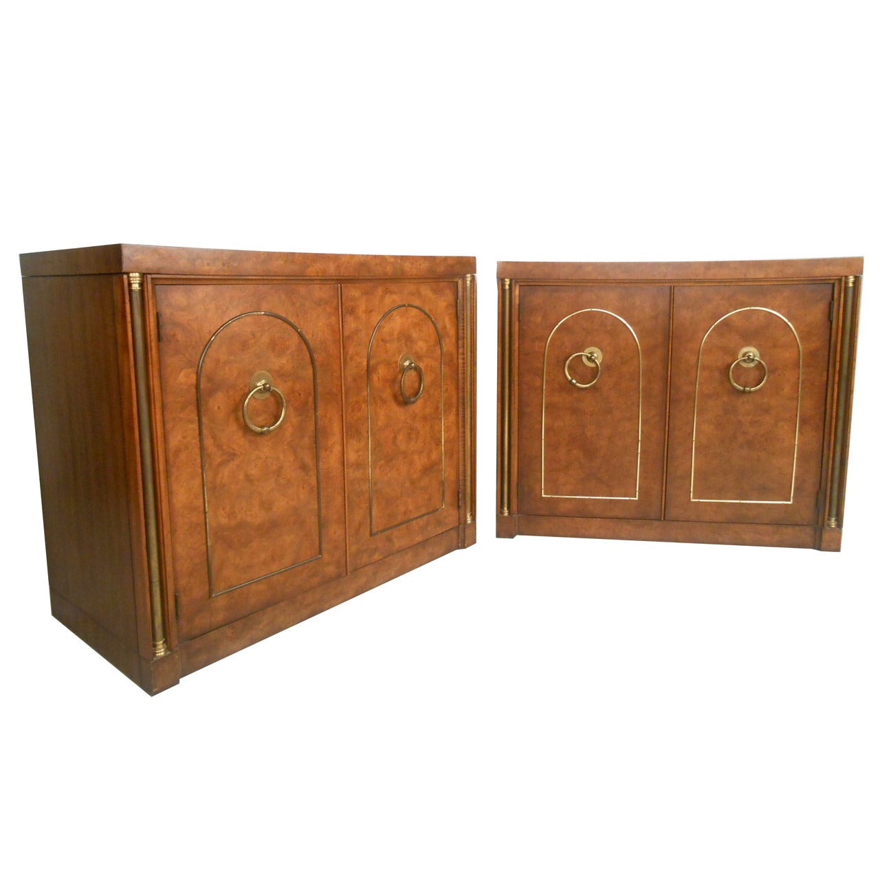 Pair of Mid-Century Modern Style Burlwood and Brass Dressers by Weiman