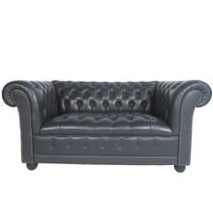 Mid-Century Modern Unique Leather Chesterfield Two-Seat Sofa