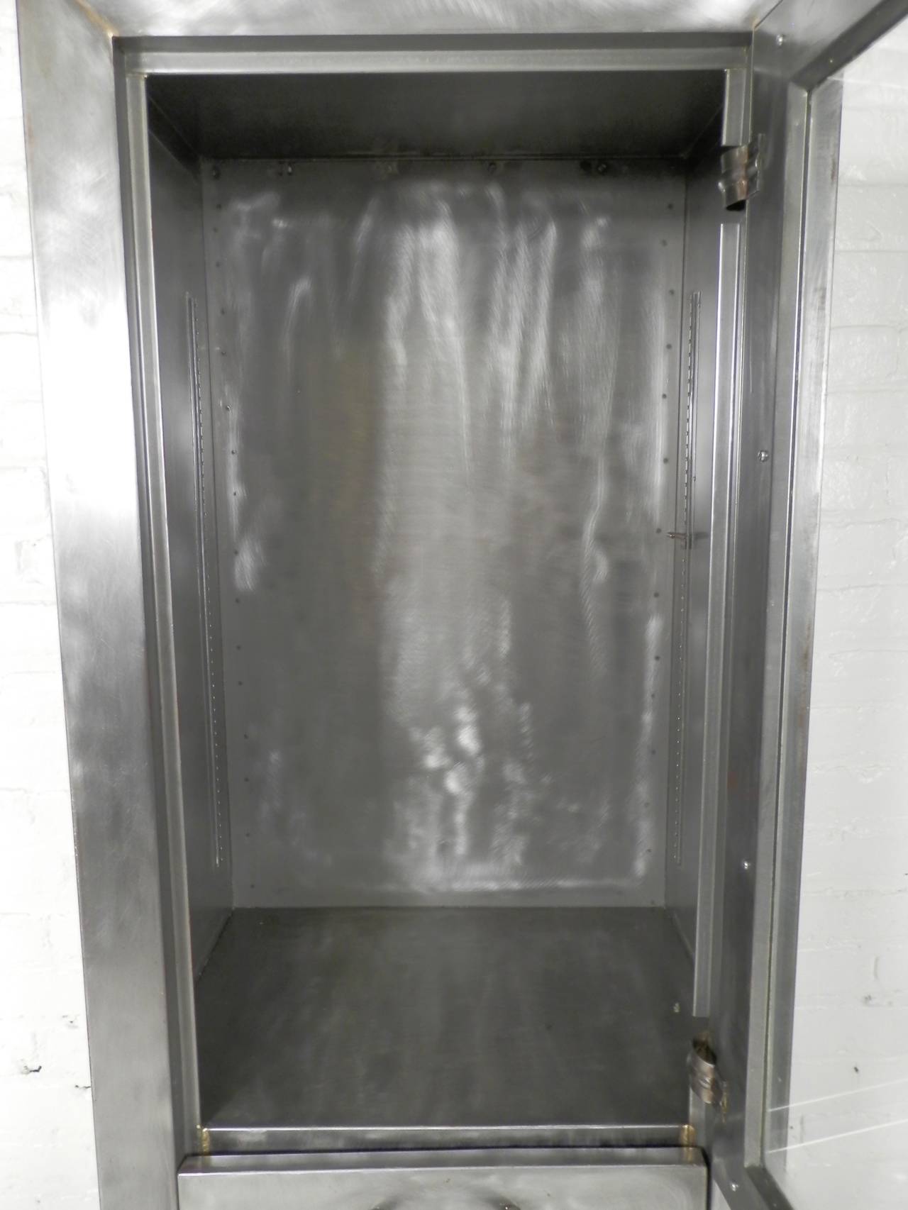 Industrial Glass Front Cabinet with Brush Finish In Distressed Condition In Brooklyn, NY