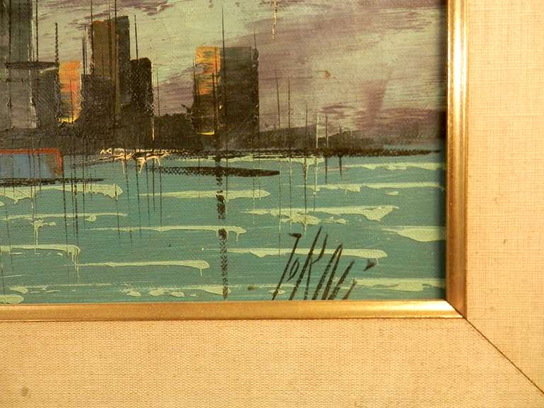 Vibrant Skyline Oil Painting Signed In Good Condition In Brooklyn, NY