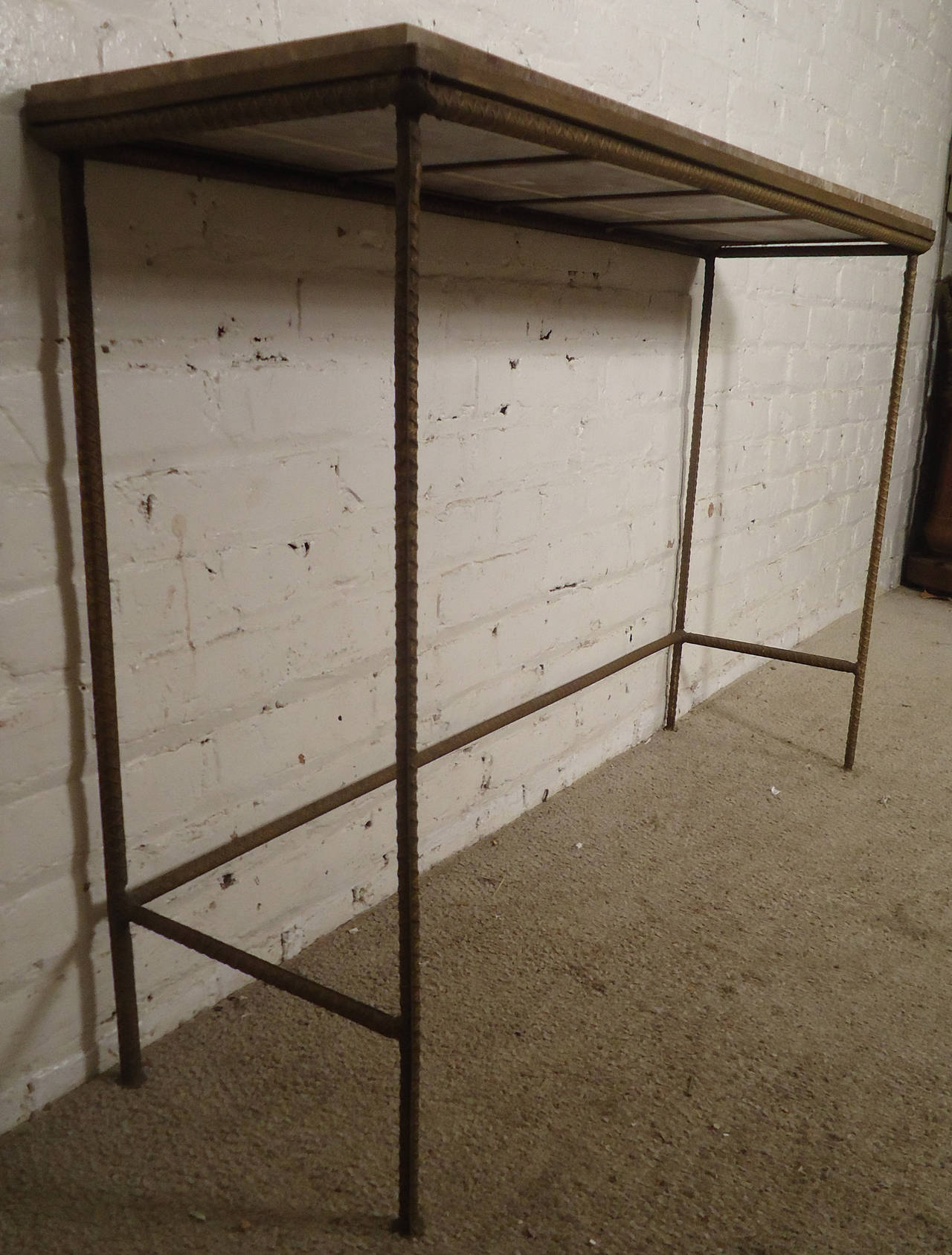 20th Century Stylish Marble-Top Console Table with Rebar Base