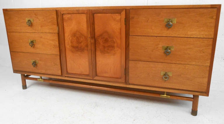 American Mid-Century Modern Bedroom Dresser in Burl and Brass 