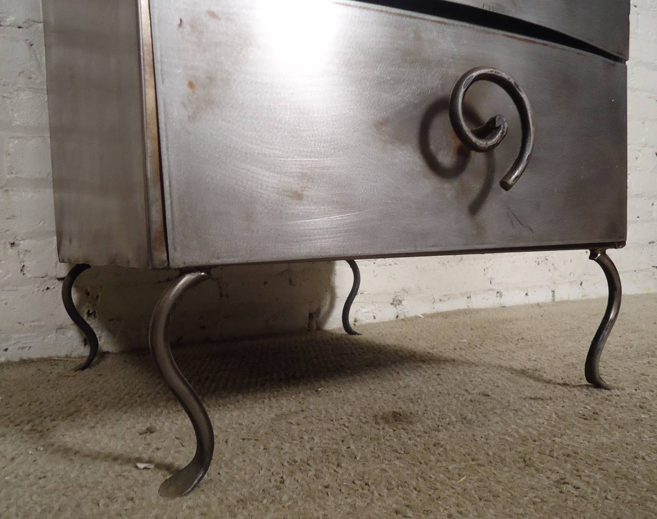 Industrial Style Six-Drawer Dresser with Sculpted Handles and Legs In Distressed Condition In Brooklyn, NY