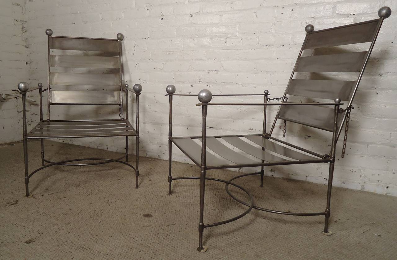 Unusual Pair of Industrial Slatted Folding Metal Armchairs For Sale at