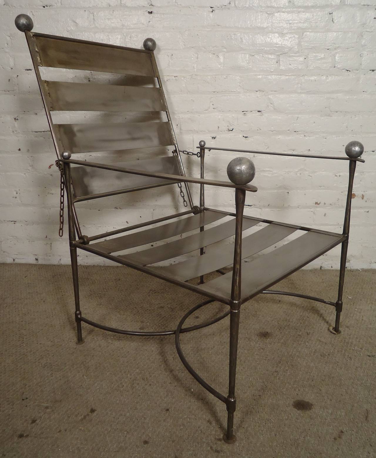 Unusual Pair of Industrial Slatted Folding Metal Armchairs For Sale at