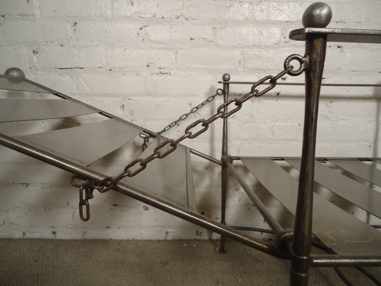 Unusual Pair of Industrial Slatted Folding Metal Armchairs 4