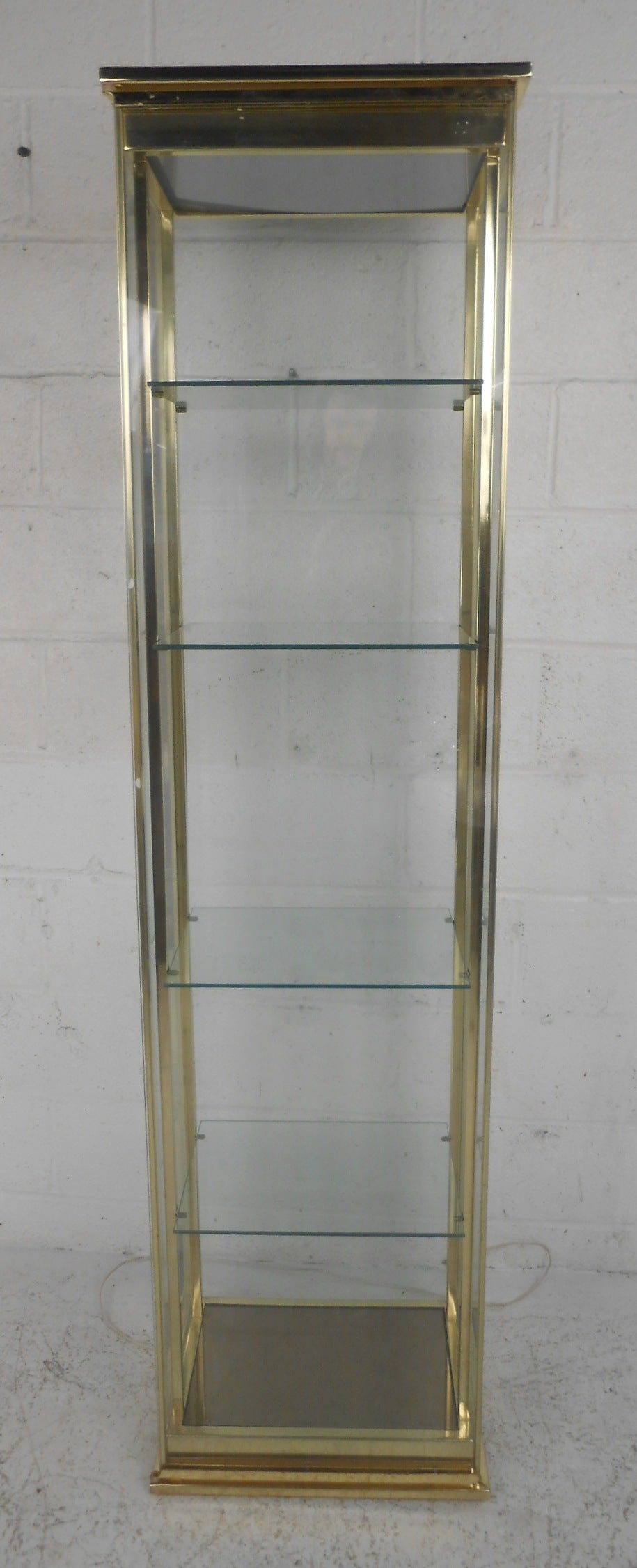 Internally lit glass & brass display case with hinged door from DIA -  Design Institute of America (label). Please confirm item location (NY or NJ) with dealer.