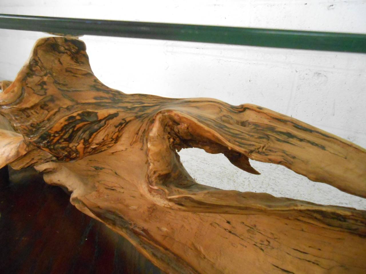 Unique Mid-Century Modern Rustic Driftwood Glass Top Coffee Table For Sale 1