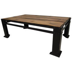 Solid Machine Age Style Wood Top Iron Base Table