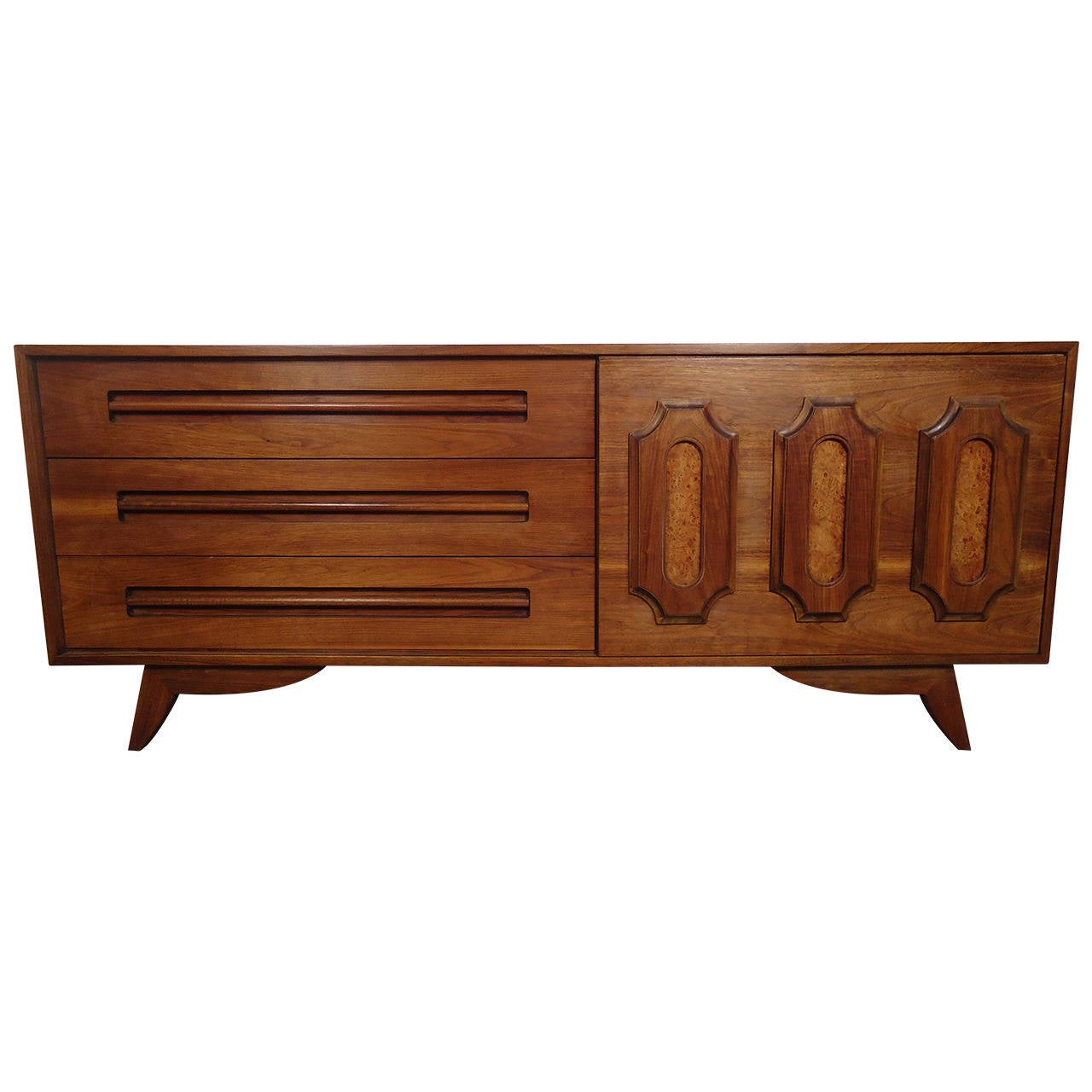 MidCentury Modern Walnut and Burl Wood Dresser at 1stDibs