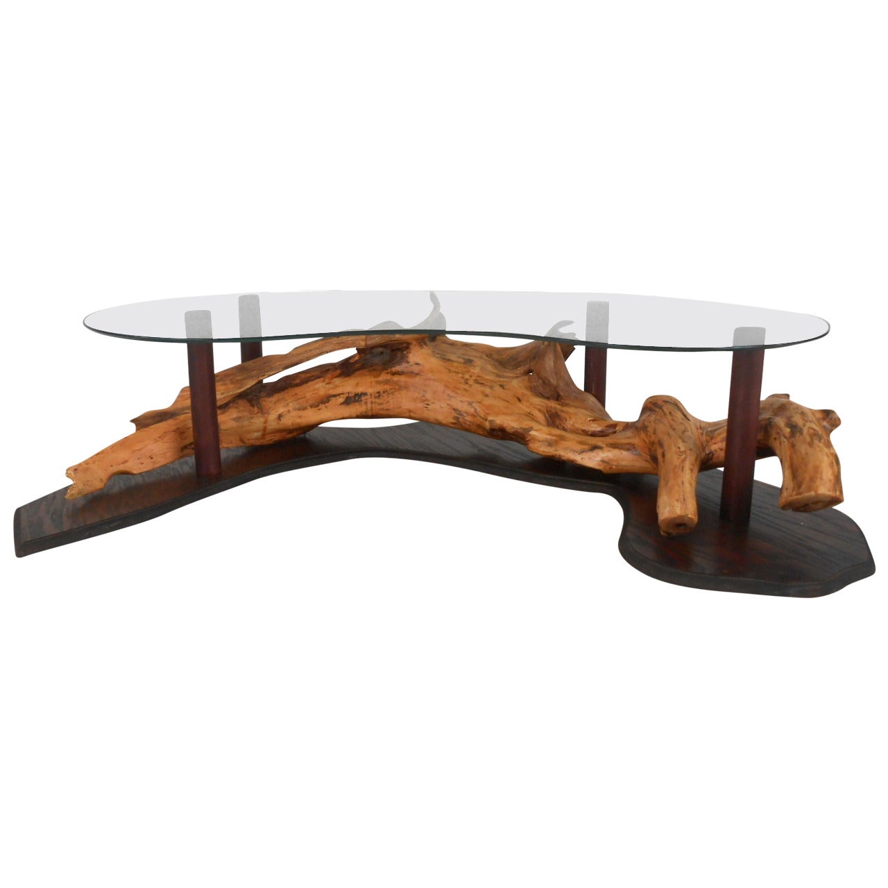 Unique Mid-Century Modern Rustic Driftwood Glass Top Coffee Table