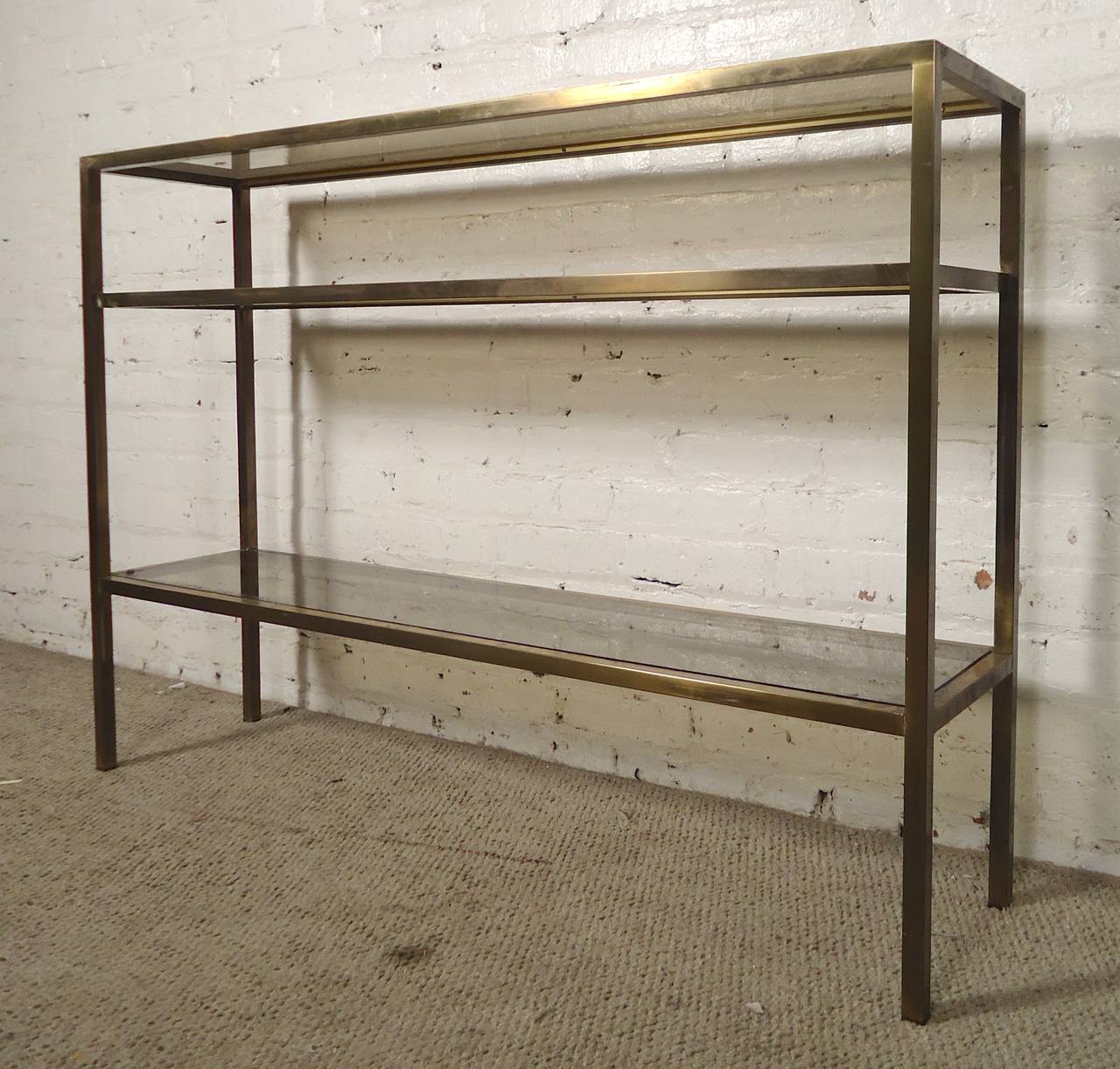 American Brass Console Table with Smoked Glass
