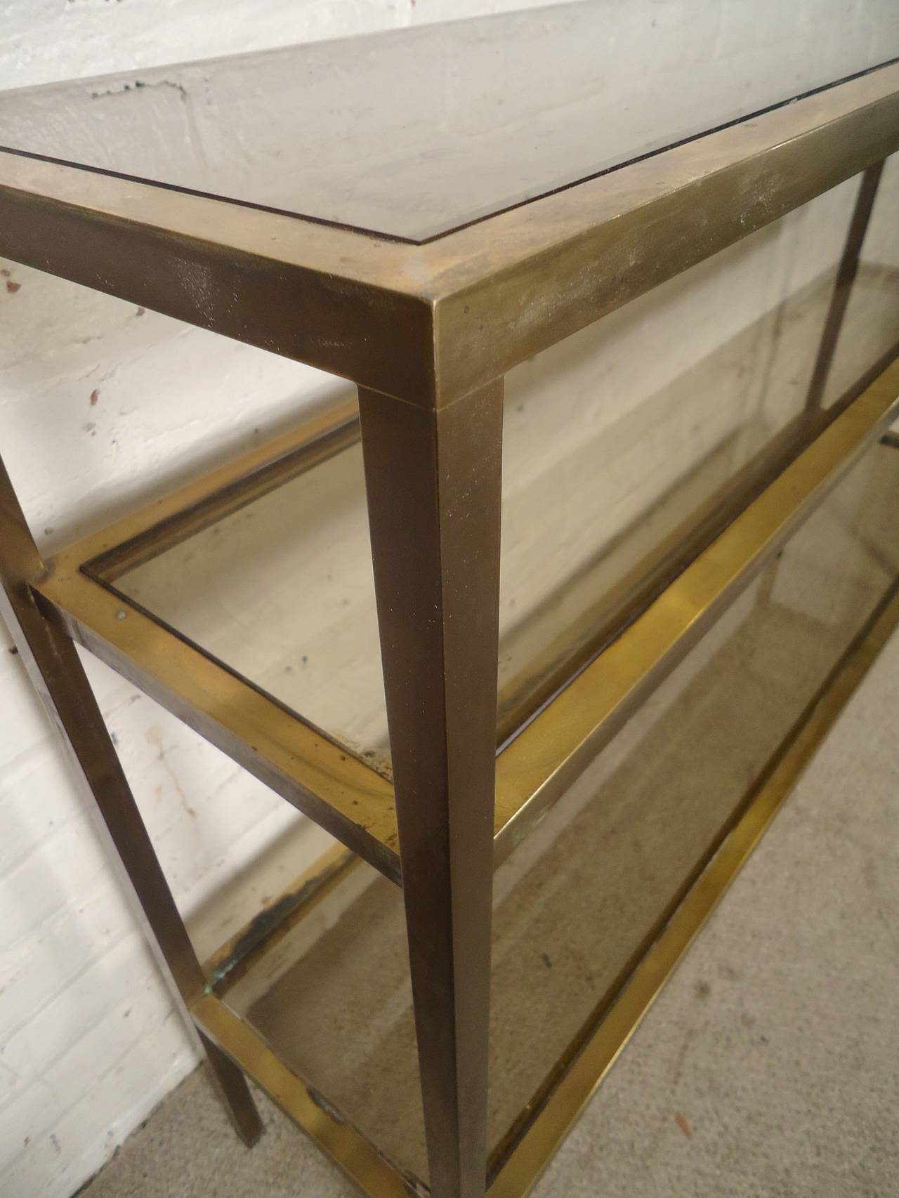 Mid-Century Modern Brass Console Table with Smoked Glass