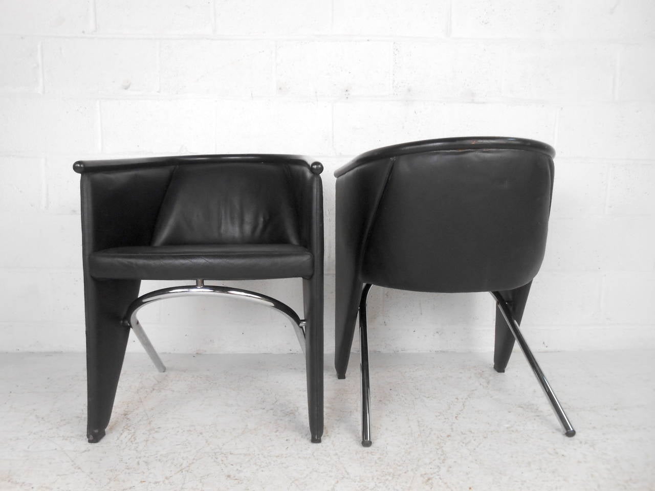 Italian Pair of Modern Leather and Chrome Club Chairs