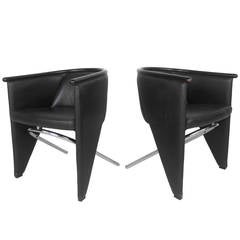 Pair of Modern Leather and Chrome Club Chairs