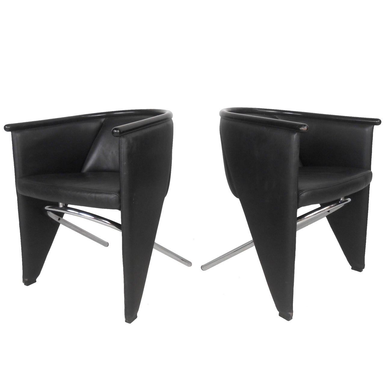 Pair of Modern Leather and Chrome Club Chairs