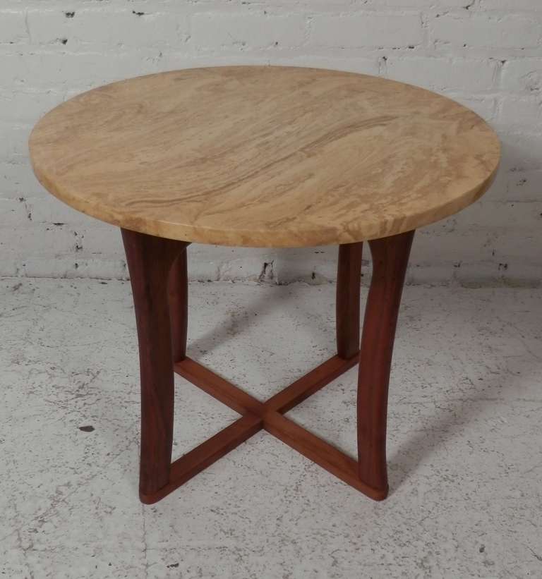 Marble top table with a Pearsall style walnut base. Interesting curved legs.

(Please confirm item location - NY or NJ - with dealer)