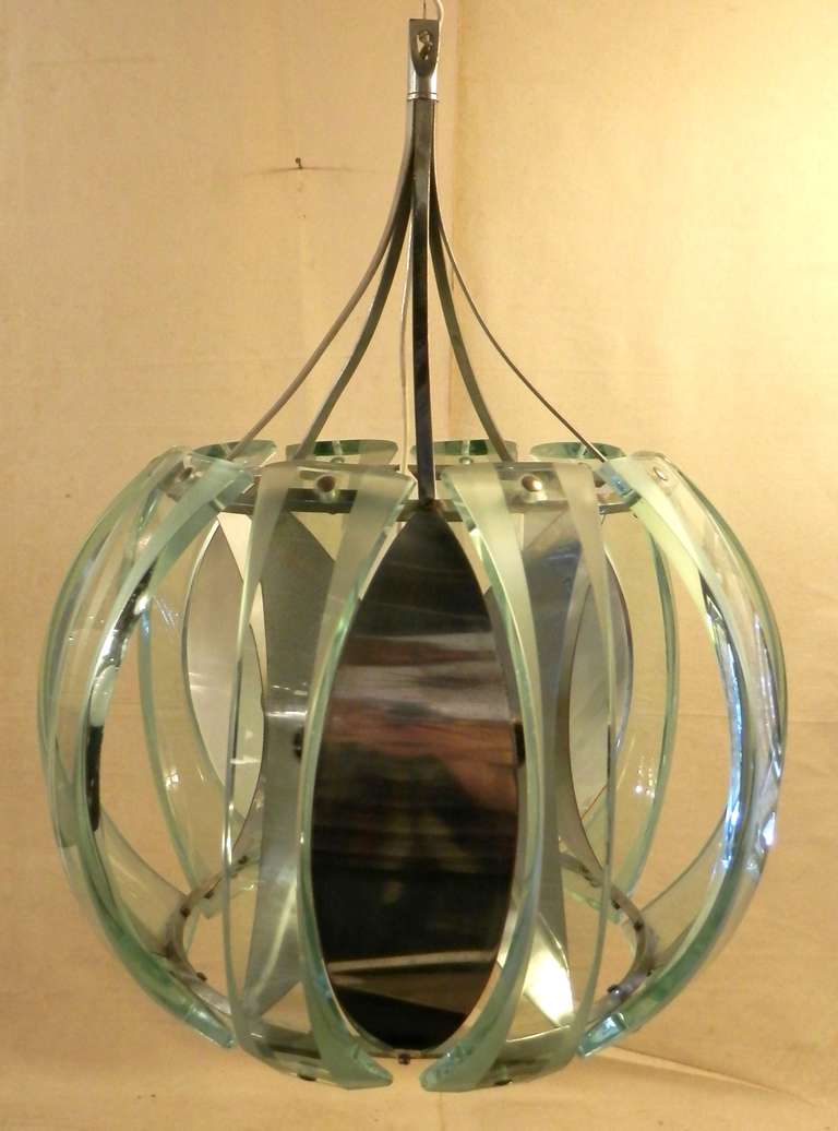 Mid-Century Modern Unique Chrome and Glass Paneled Pendant Light For Sale