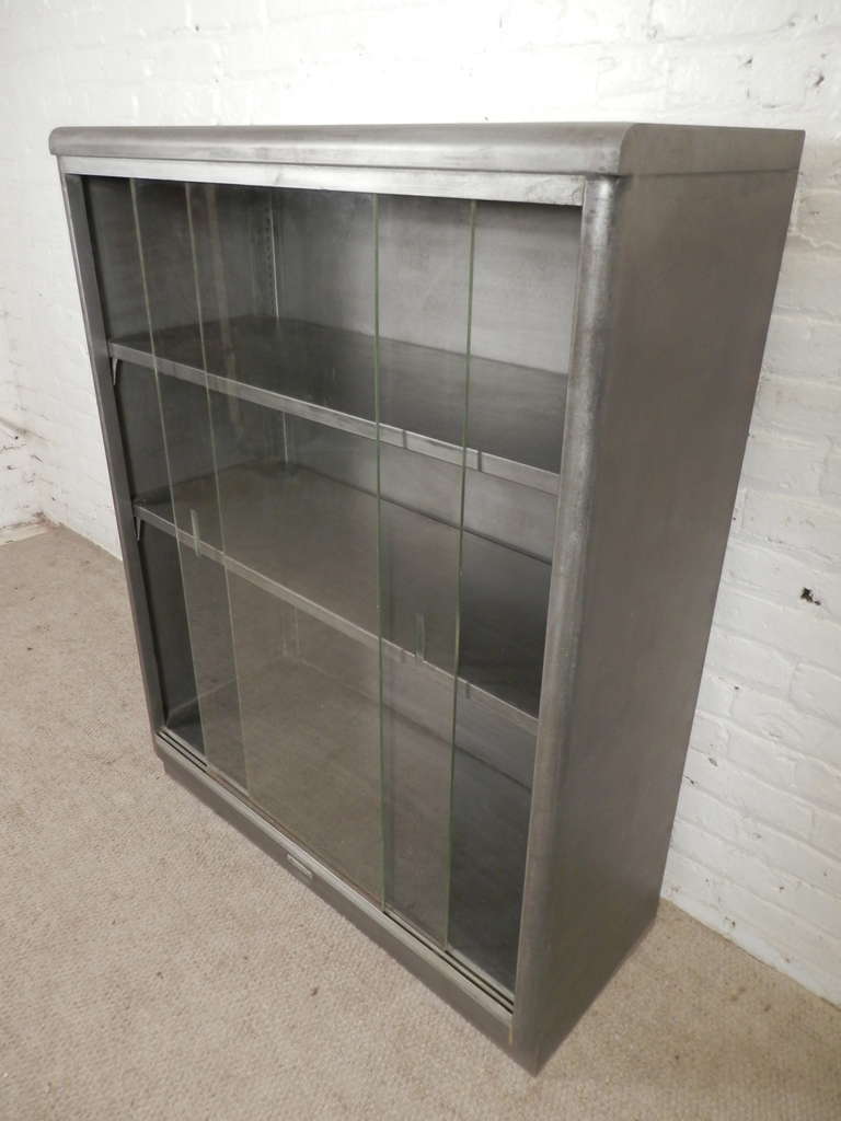 Mid-20th Century Industrial Metal Mid-Century Cabinet w/ Sliding Glass