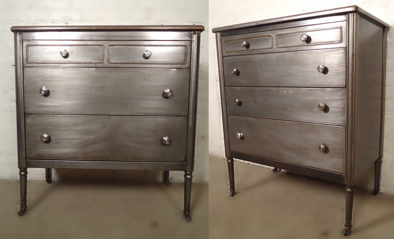 Vintage chest of drawers designed by Norman Bel Geddes for Simmons with industrial strength metal. Restored in a handsome bare metal style finish. 
Three drawer matching highboy available.

(Please confirm item location - NY or NJ - with dealer)