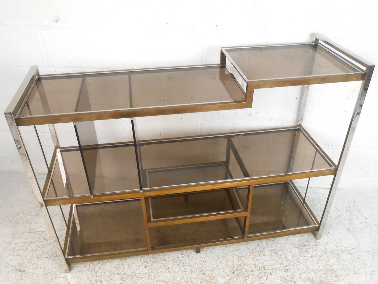 MidCentury Modern Milo Baughman Chrome Brass and Glass Low Bookshelf