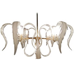 Brass Chandelier with White Feather Glass