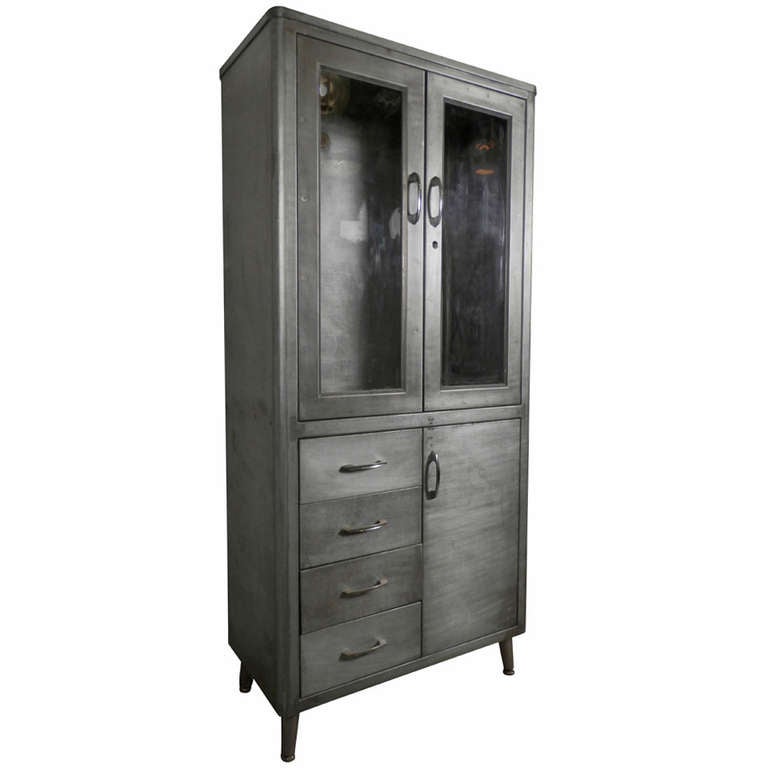 mid century tall metal display cabinet w/ storage